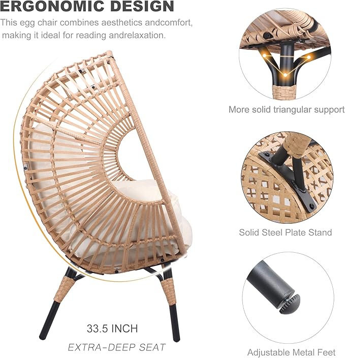 Oversized Wicker Egg Chair, Outdoor Indoor Rattan Patio Egg Lounge Chairs with Cushion 500lbs Capacity for Living Room, Balcony, Backyard (2 PCS, Beige-Regular)