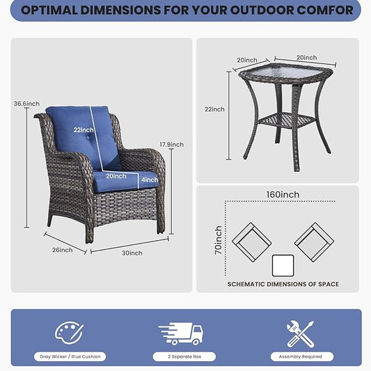 Belord Patio Chairs Outdoor Furniture Set, 3 Peices Porch Wicker Furniture with Side Table, Deep Seating Patio Bistro Chair Sets (Blue Cushion)