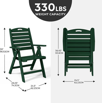 Costaelm Outdoor Adjustable Highback Folding Patio Dining Chair, HDPE Armrest Poly Lumber Restaurant Bistro Dining Chair for Outside Porch Backyard Garden, Dark Green