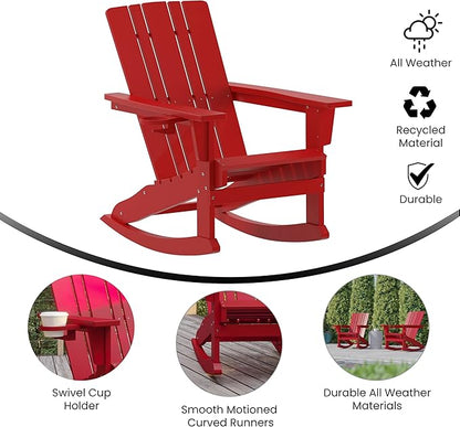 Flash Furniture Halifax Adirondack Rocking Chair with Cup Holder, Weather Resistant Poly Resin Adirondack Rocking Chair, Red