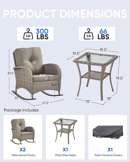 Outdoor Rocking Chairs Set of 2-Patio Table and Chairs Set Outdoor Conversation Furniture Sets for Deck Porch Garden Balcony Poolside-Grey/Grey