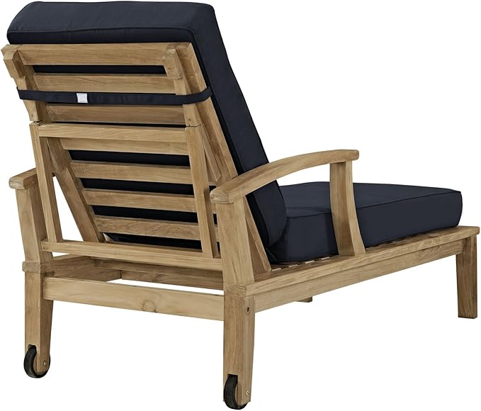 Modway Marina Premium Grade A Teak Wood Outdoor Patio Chaise Lounge Chair in Natural Navy - Photo 3