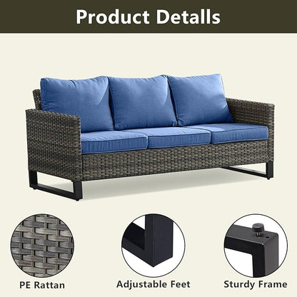 Rilyson Wicker Outdoor Couch Patio Sofa - 3 Seater Rattan Outdoor Patio Couch with Waterproof Wicker,Comfortable Cushions and Sturdy Metal Frame for Outside Porch Deck Backyard(Mixed Grey/Blue)