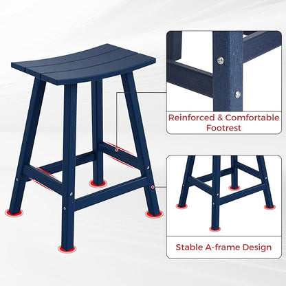Costaelm All-Weather Bar Stools Set of 3, 24" Height Outdoor Bar Stools, Adirondack Poly Patio Bar Stool for Patio, Deck, Kitchen Counter and Garden, Navy Blue