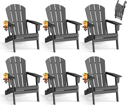 BRIOPAWS Folding-Adirondack-Chairs Set of 6 | HDPE Plastic | Fire Pit Chair | Cup Holder | Curved Back | All Weather | for Outdoor Backyard Deck Patio | Grey