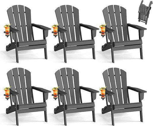 BRIOPAWS Folding-Adirondack-Chairs Set of 6 | HDPE Plastic | Fire Pit Chair | Cup Holder | Curved Back | All Weather | for Outdoor Backyard Deck Patio | Grey