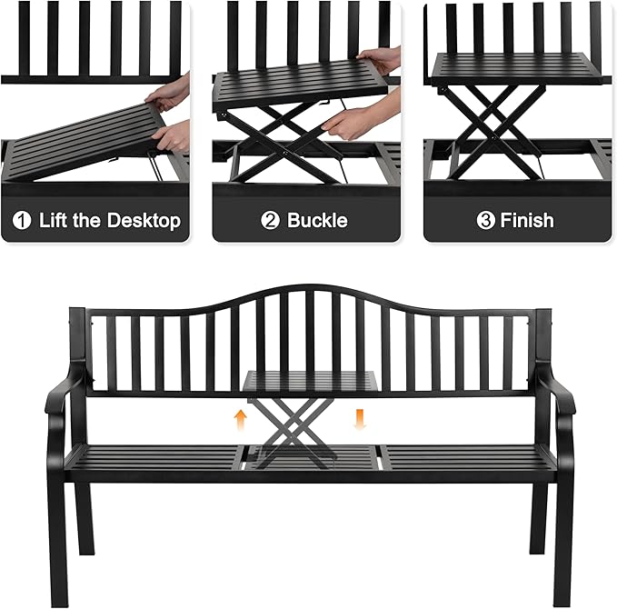 NUU GARDEN Outdoor Garden Bench with Built-in Small Table, E-Coated Metal Patio Bench for Porch, Lawn, Yard, Garden, Poolside, Black
