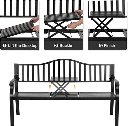 NUU GARDEN Outdoor Garden Bench with Built-in Small Table, E-Coated Metal Patio Bench for Porch, Lawn, Yard, Garden, Poolside, Black
