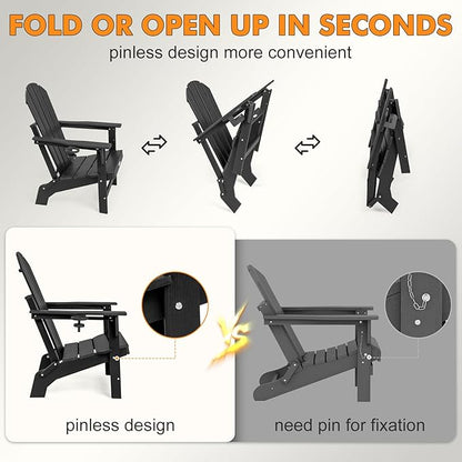 Folding Adirondack Chairs Set of 4, All Weather Stable Gun-Leg Design Fire Pit Chairs with Cupholder for Outside