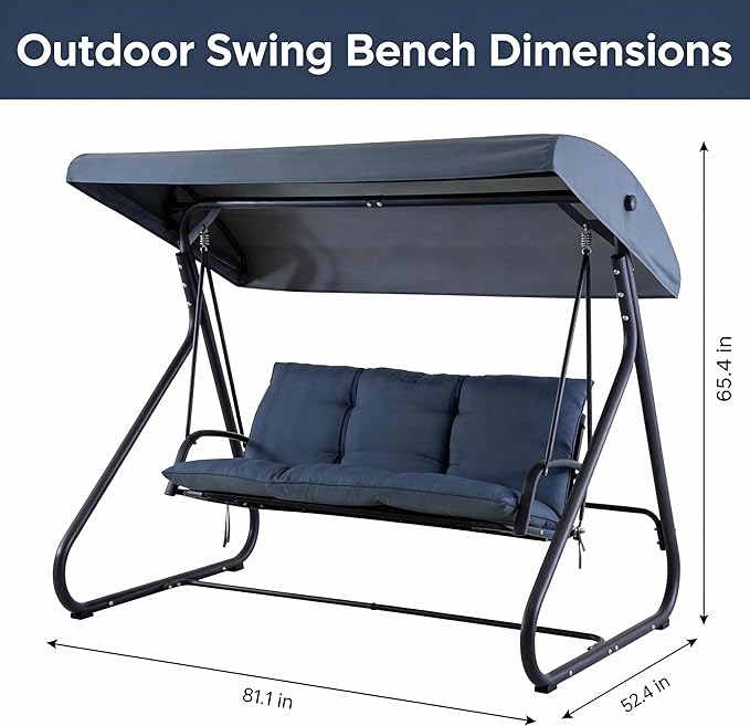 3-Seat Outdoor Convertible Swing Glider with Adjustable Canopy, 2-in-1 Bench to Flat Bed, Removable Cushions - Photo 2