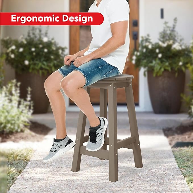 Costaelm 24" Height Outdoor Bar Stools, All-Weather Bar Stools, Adirondack Poly Patio Round Bar Stool for Patio, Deck, Kitchen Counter and Garden, Weathered Wood