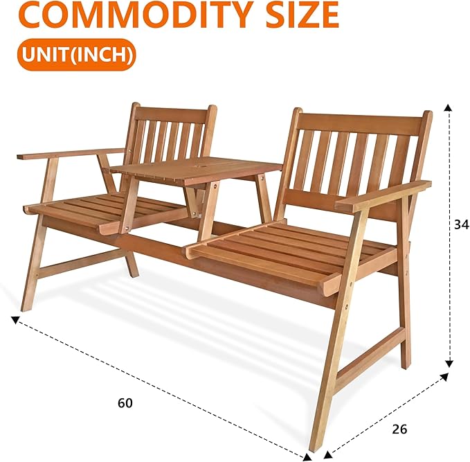 PayLessHere Outdoor Patio Bench Garden Bench Eucalyptus Wood Patio Bench with Table Outdoor Loveseat for Backyard Balcony Pool Beach Garden, Nature