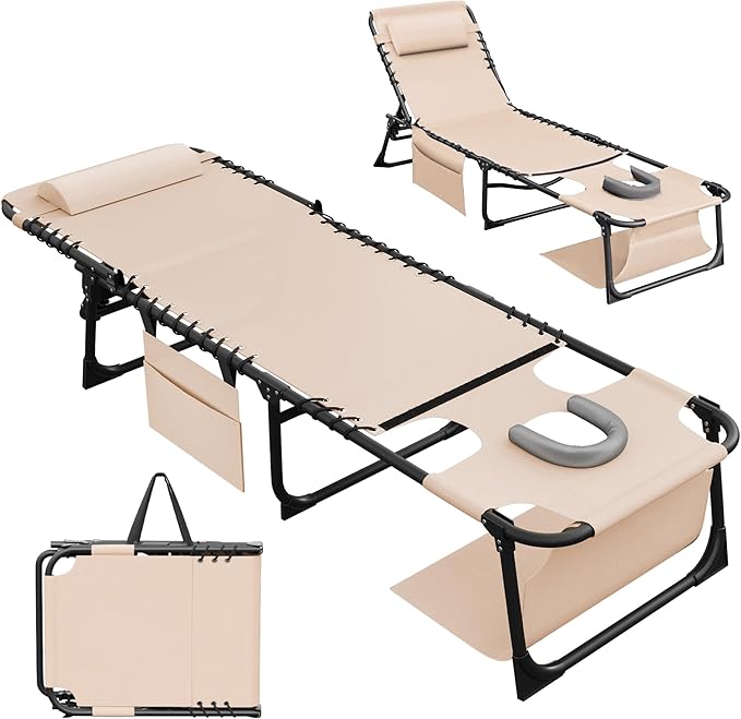Devoko Beach Lounge Chair, Outdoor Sun Tanning Chair with Face Hole - Photo 1