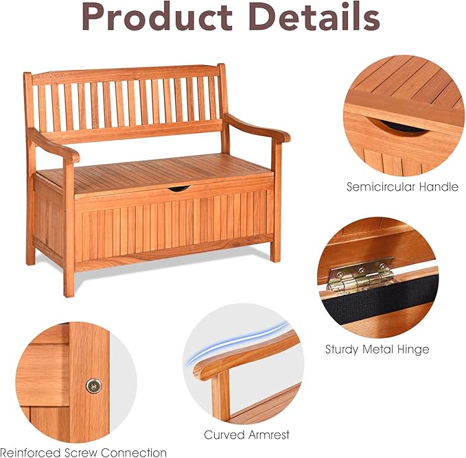 LDAILY 33 Gal Outdoor Storage Bench, Eucalyptus Multi-Functional Deck Box with 800 lbs Heavy Duty Capacity - Photo 6