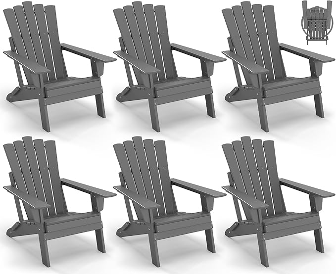 GREENVINES Folding-Adirondack-Chairs-Set-of-6 | HDPE Plastic | Throne Series | Fire Pit Chair | All Weather | for Outdoor Patio Deck Backyard Poolside | Grey