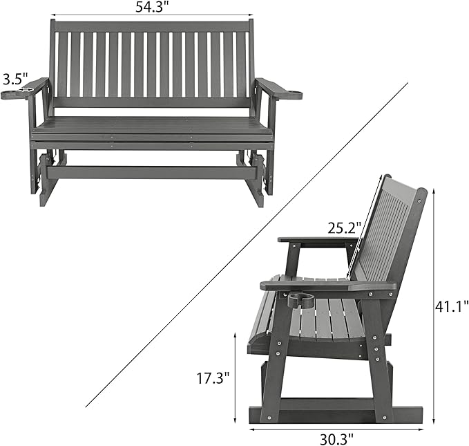 HIPS Patio Glider with Cup Holders, Durable Poly Lumber Material, All-Weather Resistant, High Backrest and Deep Contoured Seat, Heavy Duty 900 LB, for Outdoor, Porch, Patio (Gray, 3-Seat)