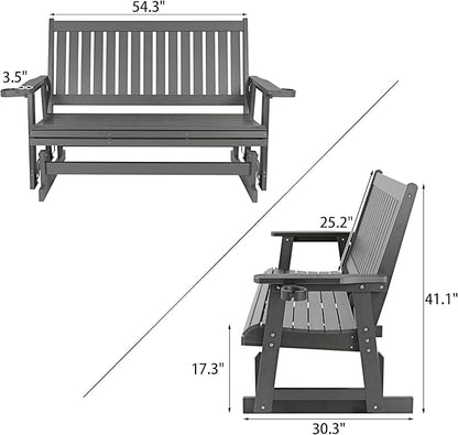 HIPS Patio Glider with Cup Holders, Durable Poly Lumber Material, All-Weather Resistant, High Backrest and Deep Contoured Seat, Heavy Duty 900 LB, for Outdoor, Porch, Patio (Gray, 3-Seat)