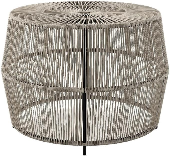 Round Outdoor Coffee Table, PE Wicker and Metal Frame, Weatherproof Gray Finish, 21.7 in Diameter - Photo 1