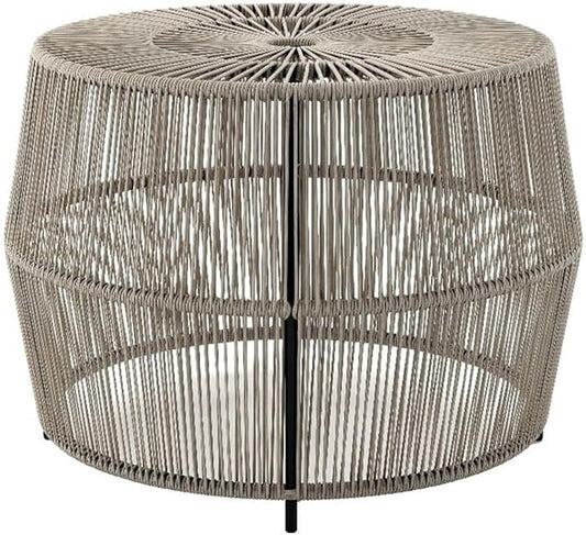 Round Outdoor Coffee Table, PE Wicker and Metal Frame, Weatherproof Gray Finish, 21.7 in Diameter, Coastal Style Patio or Garden Furniture, Lightweight and Easy to Clean