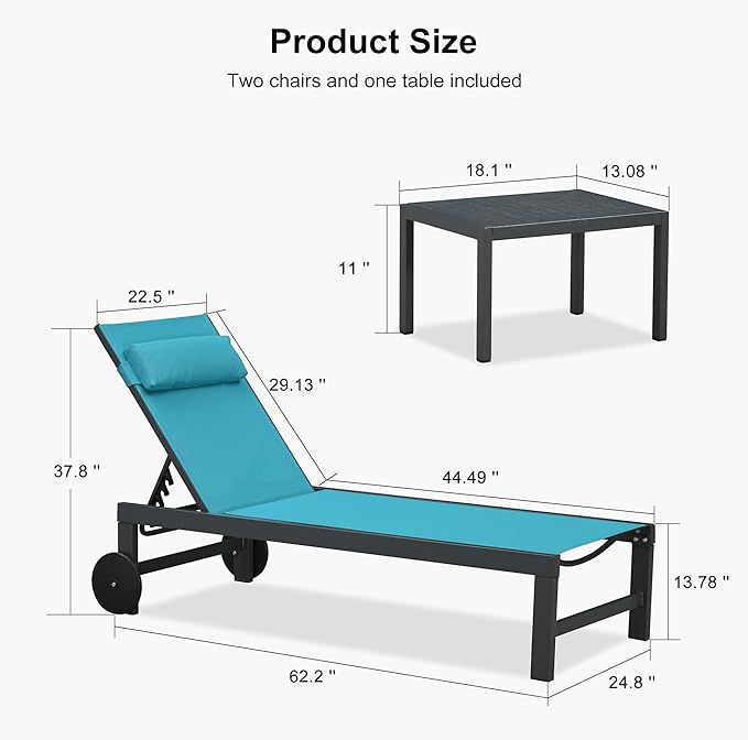 PURPLE LEAF Patio Lounge Chair Set Outdoor Chaise Lounger Aluminum Frame with 2 Side Table and Wheels for Pool Outside Sunbathing Tanning Recliner Including Pillows Turquoise Blue