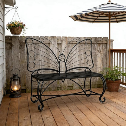 Small Metal Butterfly Garden Bench, Outdoor Benches Weatherproof, Patio Porch Bench for Outdoors, Outdoor Butterfly Chair Armless for Front Porch/Yard/Entryway (Black)