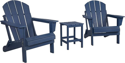 WestinTrends Malibu 3-Pieces Adirondack Chairs Set with Side Table, All Weather Outdoor Seating Plastic Patio Lawn Chair Folding for Outside Porch Deck Backyard, Navy Blue