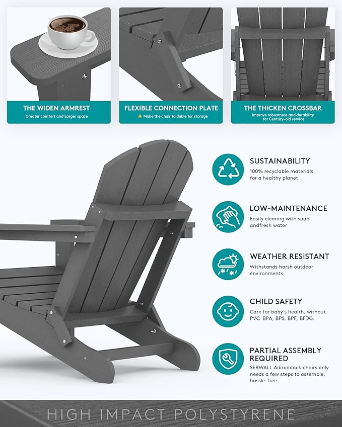 SERWALL Adirondack Chair Set of 8 for Patio Garden Outdoors Fire Pit- (Folding Gray) - Photo 5