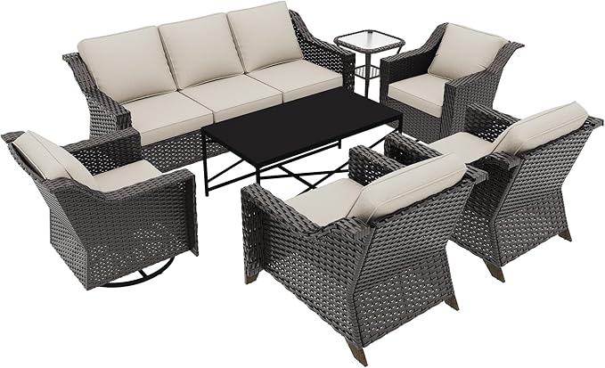 7 Pieces Outdoor Conversation Furniture Set - 77" Patio sofa, 2 Armchairs, 2 Swivel Glider Chairs, 1 Side Table - Photo 6