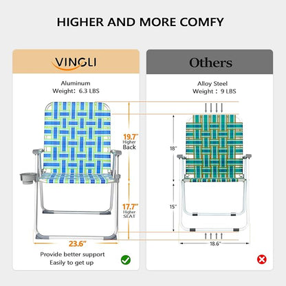 VINGLI Folding Aluminum Webbed Oversized Lawn Chairs with Detachable Cup Holder, 300LBS High Beach Chair for Adults Heavy Duty, Portable Patio Chair for Yard, Garden, 2 Pack,Blue/Green