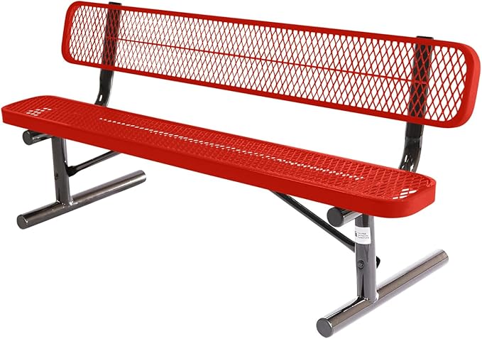 COATEDOUTDOORFURNITURE Coated Outdoor Furniture Heavy-Duty Portable Outdoor Bench Thermoplastic Coated, Expanded Metal, Commercial-Grade Seating, Made in America (Portable with Back, 6 Ft, Red)