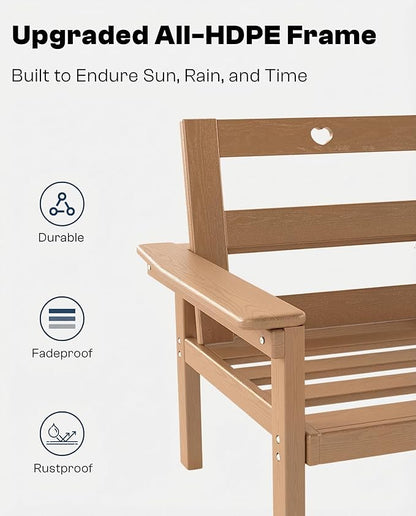 3 Piece HDPE Outdoor Patio Furniture Set, All-Weather 2 Armchairs with Side Table, Patio Conversation Set with Washable Thick Cushion for Balcony/Porch/Backyard, Teak