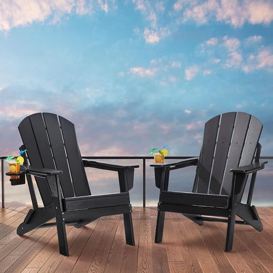 VEVOR Folding Adirondack Chairs Set of 2 with Cup Holder, All-Weather Portable Plastic Fire Pit Chair, Outdoor Adirondack Patio Chair, with Relaxing Arm Rest Ergonomic, for Garden, Backyard, Black