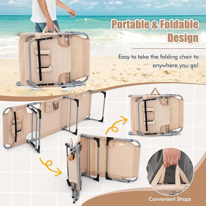 Goplus Tanning Chair, Folding Adjustable Patio Lounge Chair with Face Hole, Removable Pillow, 330LBS, Carry Strap, Outdoor Sunbathing Chair, Lightweight Portable Beach Lounge Chair, No Assembly
