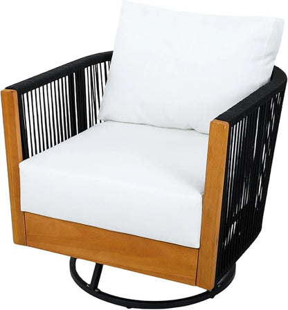 Christopher Knight Home Gunar Outdoor Metal & Acacia Wood Frame Swivel Accent Chair with Cushion, 360° Rotating Lounge Chair Outdoor with Rope Accent, Outdoor Swivel Chair, Black + Light Beige
