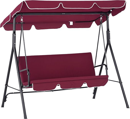 Outsunny 3-Seat Outdoor Patio Swing Chair with Removable Cushion, Steel Frame Stand and Adjustable Tilt Canopy for Patio, Garden, Poolside, Balcony, Backyard, Wine Red