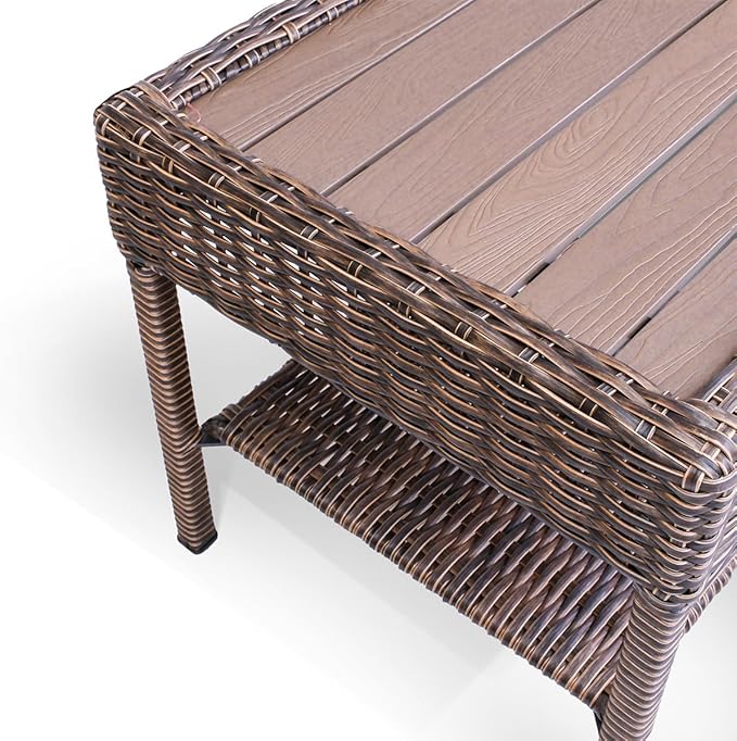 Cambridge Outdoor Wicker Side Table, 2-Tier All-Weather HDPE Rattan Patio End Table with HIPS Tabletop and Storage Shelf, Brown