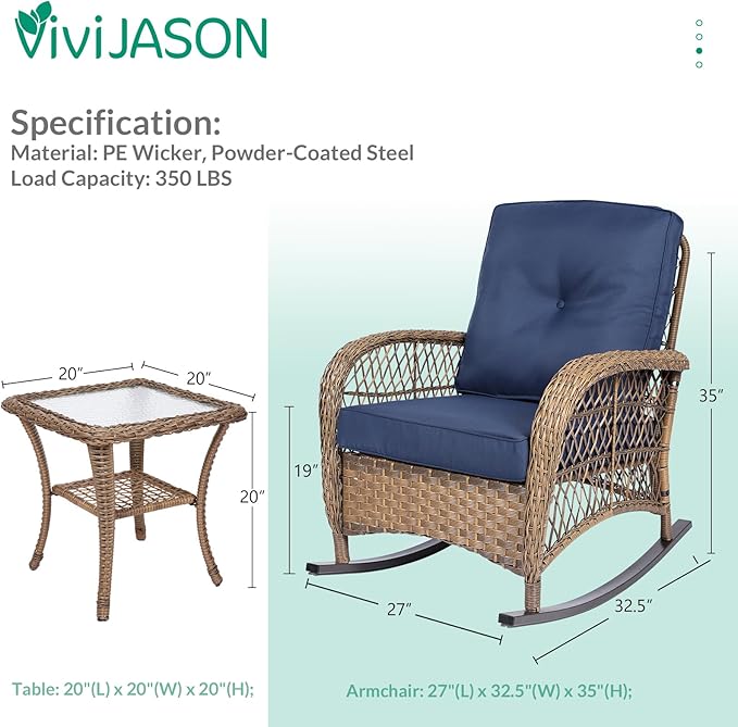 VIVIJASON 3-Piece Outdoor Conversation Bistro Set, Patio Wicker Rocking Chairs Rattan Furniture Sets w/ 2 Rattan Chairs - Photo 5