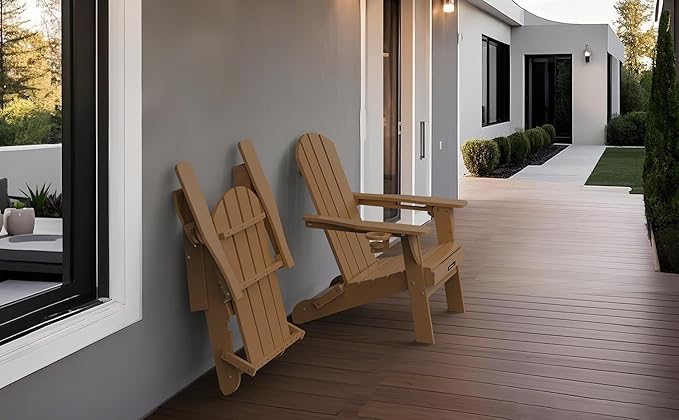 Folding Adirondack Chair Set of 2, Wooden Textured Plastic Adirondack Chairs with 2 Cup Holder - Photo 8