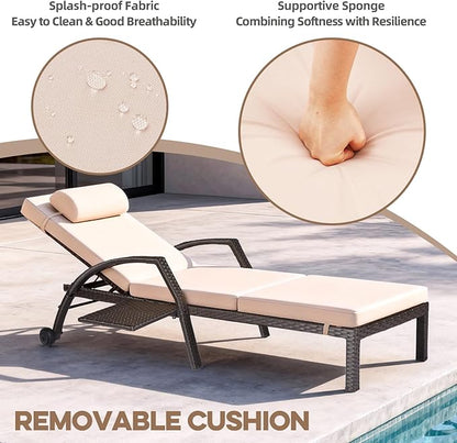 Patio Chaise Lounge Chairs Set of 2 Wicker Pool Lounge Chairs Outdoor with 5 Adjustable Back & Removable Cushion & Tray Tanning Chair Sun Loungers for Patio Poolside Deck Beach