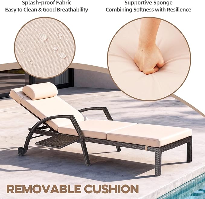 Patio Chaise Lounge Chairs Set of 6 Wicker Pool Lounge Chairs Outdoor with 5 Adjustable Back & Removable Cushion & Tray Tanning Chair Sun Loungers for Patio Poolside Deck Beach