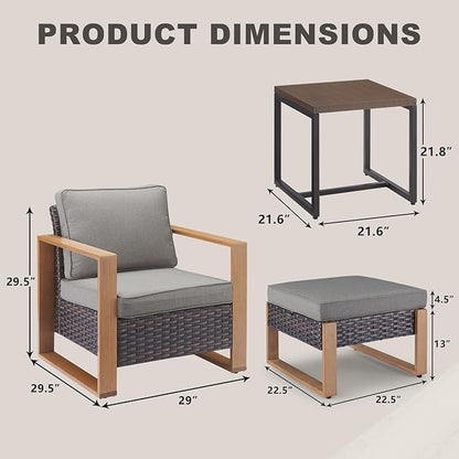 Rilyson Outdoor Wicker Patio Furniture Set - 5 Piece Patio Conversation Set with 2 Wicker Armrest Chairs,2 Rattan Ottoman, 1 Side Table, Sturdy Frame, Thick Cushions, Deep Seating(Brown/Grey)