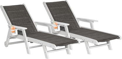 Outdoor Chaise Lounge Chair Set of 2, 5-Position Adjustable Patio Lounge Chair with Wheels & Cup Holder, HDPE Pool Lounge Chair with Textilene Surface, for Poolside & Beach (Grey-Brown, 2)