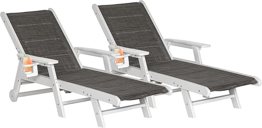Outdoor Chaise Lounge Chair Set of 2, 5-Position Adjustable Patio Lounge Chair with Wheels & Cup Holder, HDPE Pool Lounge Chair with Textilene Surface, for Poolside & Beach (Grey-Brown, 2)