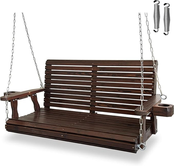 Wooden Porch Swing 2-Seater, High Backrest and Deep Seat, Bench Swing with Cupholders, Hanging Chains and 7mm Springs - Photo 1