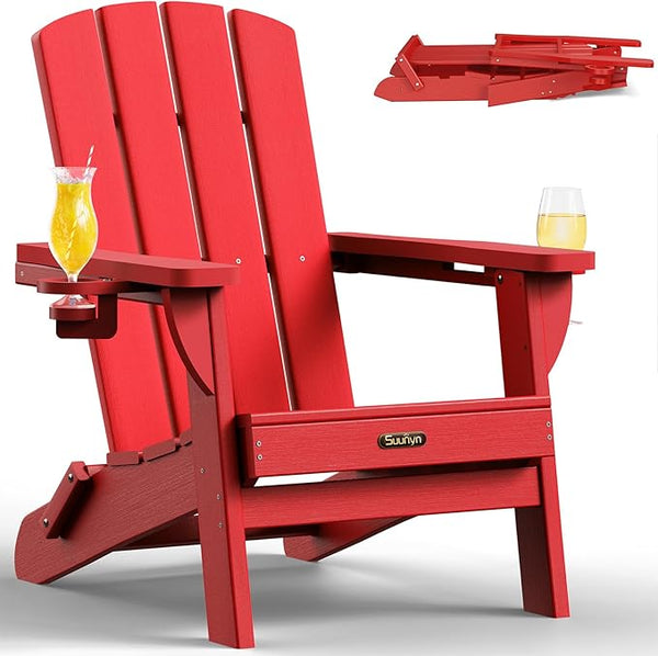 Folding Adirondack Chair, HDPE All-Weather Fire Pit Chairs, Plastic Adirondack Chairs with 2 Cup Holder - Photo 1