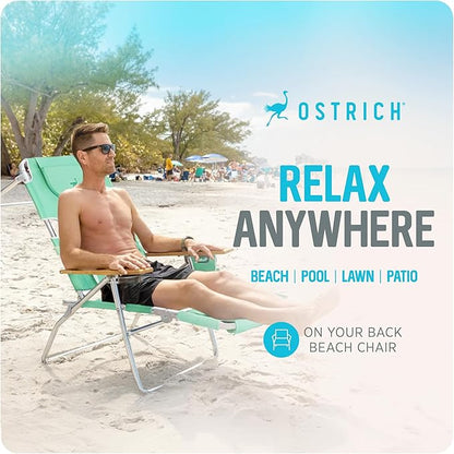 Ostrich the Deluxe 3N1 Reclining Lounge Chair, Folding Outdoor Lounger and Extra-Wide Beach Chair with Wooden Armrests and Face Hole, Teal