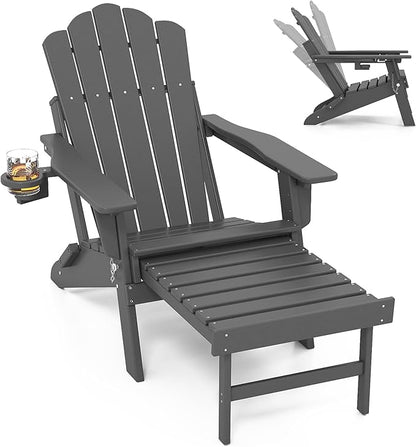 FOOWIN Adjustable Adirondack Chair with Retractable Ottoman, Folding Adirondack Chair with Cup Holder, HDPE All-Weather Fire Pit Chair for Patio, Yard, Poolside, Grey