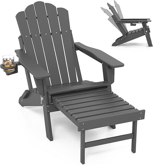 FOOWIN Adjustable Adirondack Chair with Retractable Ottoman, Folding Adirondack Chair with Cup Holder, HDPE All-Weather Fire Pit Chair for Patio, Yard, Poolside, Grey