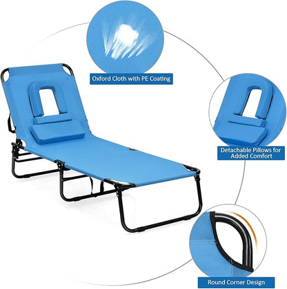 Folding Beach Lounge Chair w/ 5 Adjutable Backrest & Padded Pillow, Sunbathing Lounger Chair, Sun Tanning Lay Flat Chair for Seaside Pool Deck, Max Load 330 LBS, No Assembly Required (Blue)