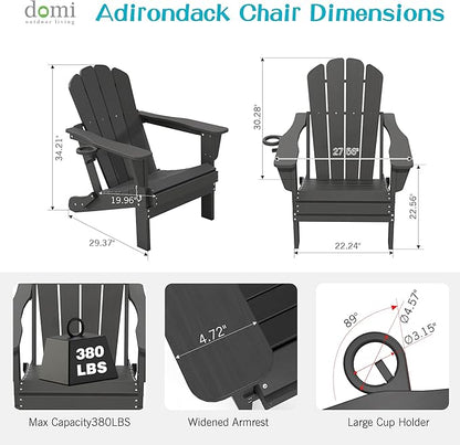Domi Folding Adirondack Chair, HDPE All-Weather Adirondack Chairs with Cup Holder, Outdoor Plastic Fire Pit Chairs Wood Texture for Poolside, Patio, Backyard, Deck (Grey)